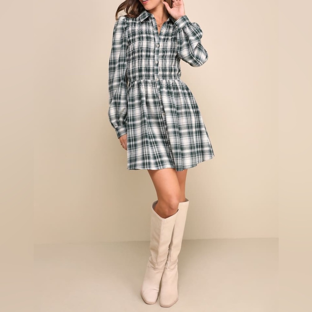 Sweetest Mood Green Plaid Smocked Mini Dress With Pockets